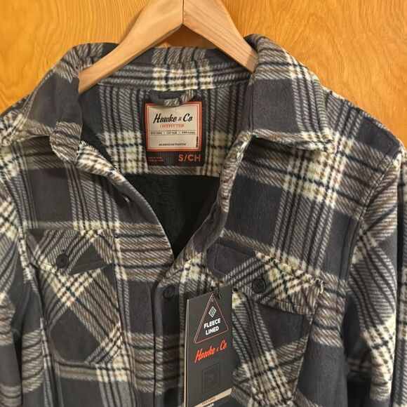 Fleece Shirt Jacket Mens Small Fleece Sherpa Lined Gray Plaid Hawke & Co - Picture 2 of 2